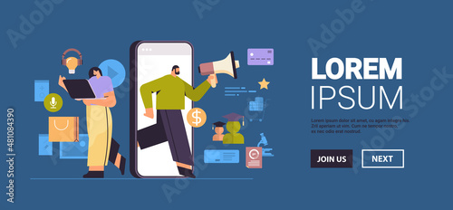 PR agency team using loudspeaker to communicate with audience marketing campaign public relations