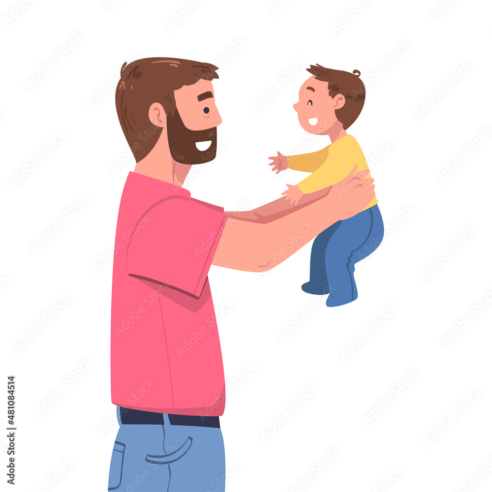 Man Character Holding Baby with Arms Nursing Him Vector Illustration Man Character Holding Baby with Arms Nursing Him Vector Illustration