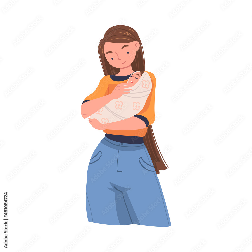 Woman Character Holding Wrapped Baby with Arms Nursing Him Vector Illustration Woman Character Holding Wrapped Baby with Arms Nursing Him Vector Illustration