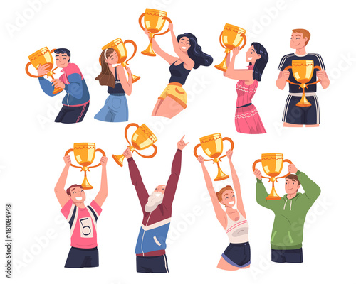 People Winner Character Holding Golden Cup as Trophy and Award Vector Illustration Set