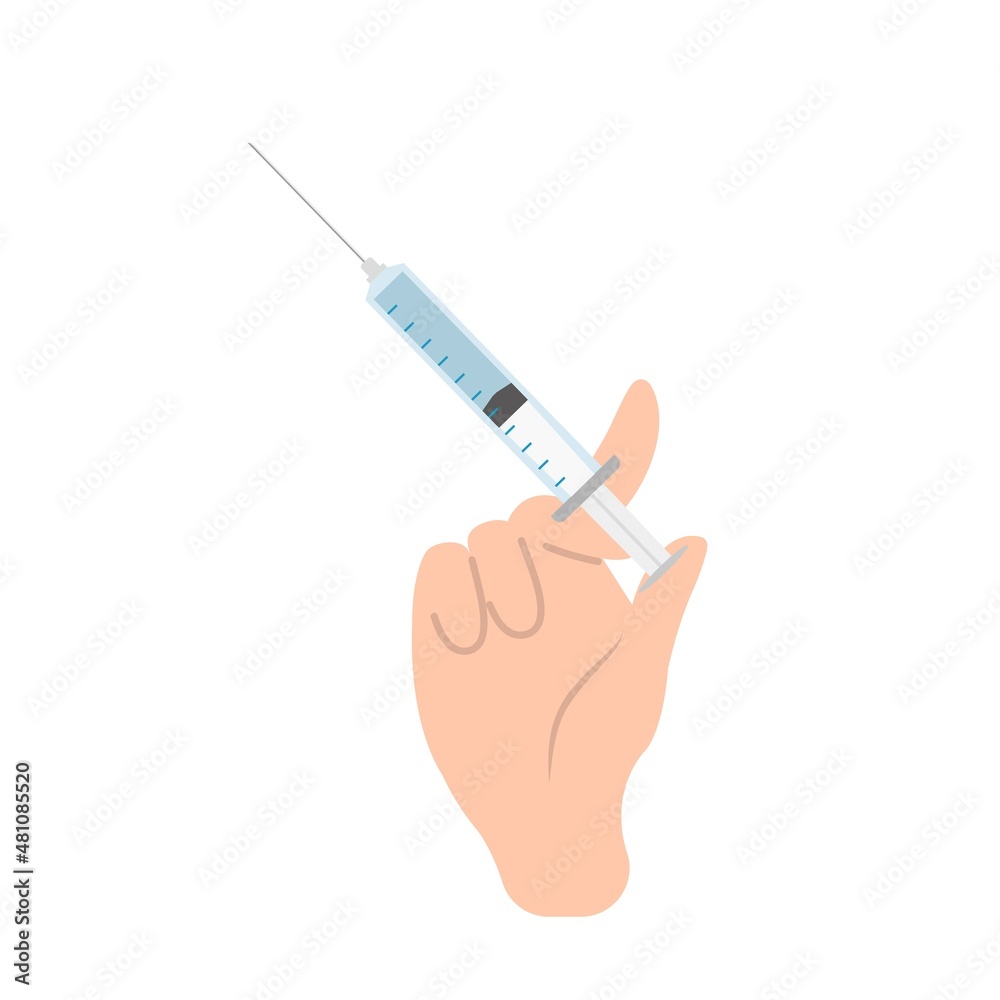 Close-up of vaccinated hand, syringe with hand gesture, vector icon for flu coronavirus vaccine injection Close-up of vaccinated hand, syringe with hand gesture, vector icon for flu coronavirus vaccine injection