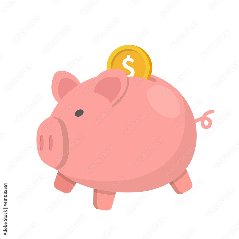 Pink piggy banker with golden coins, saving money for investing wealthy, vector cartoon icon Pink piggy banker with golden coins, saving money for investing wealthy, vector cartoon icon