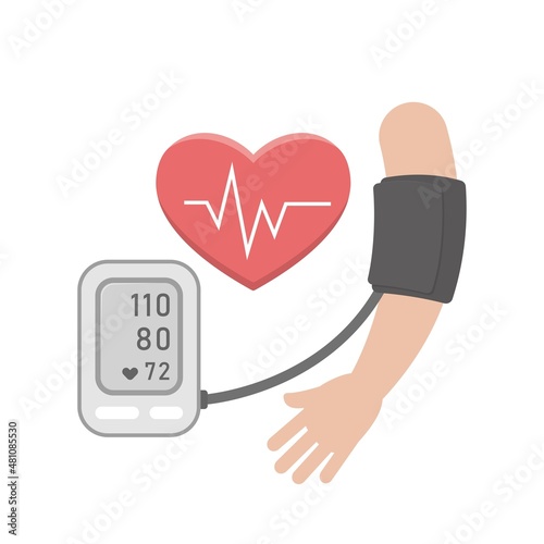 Vector cartoon icon of measuring blood pressure, sphygmomanometer with heartbeat and arm