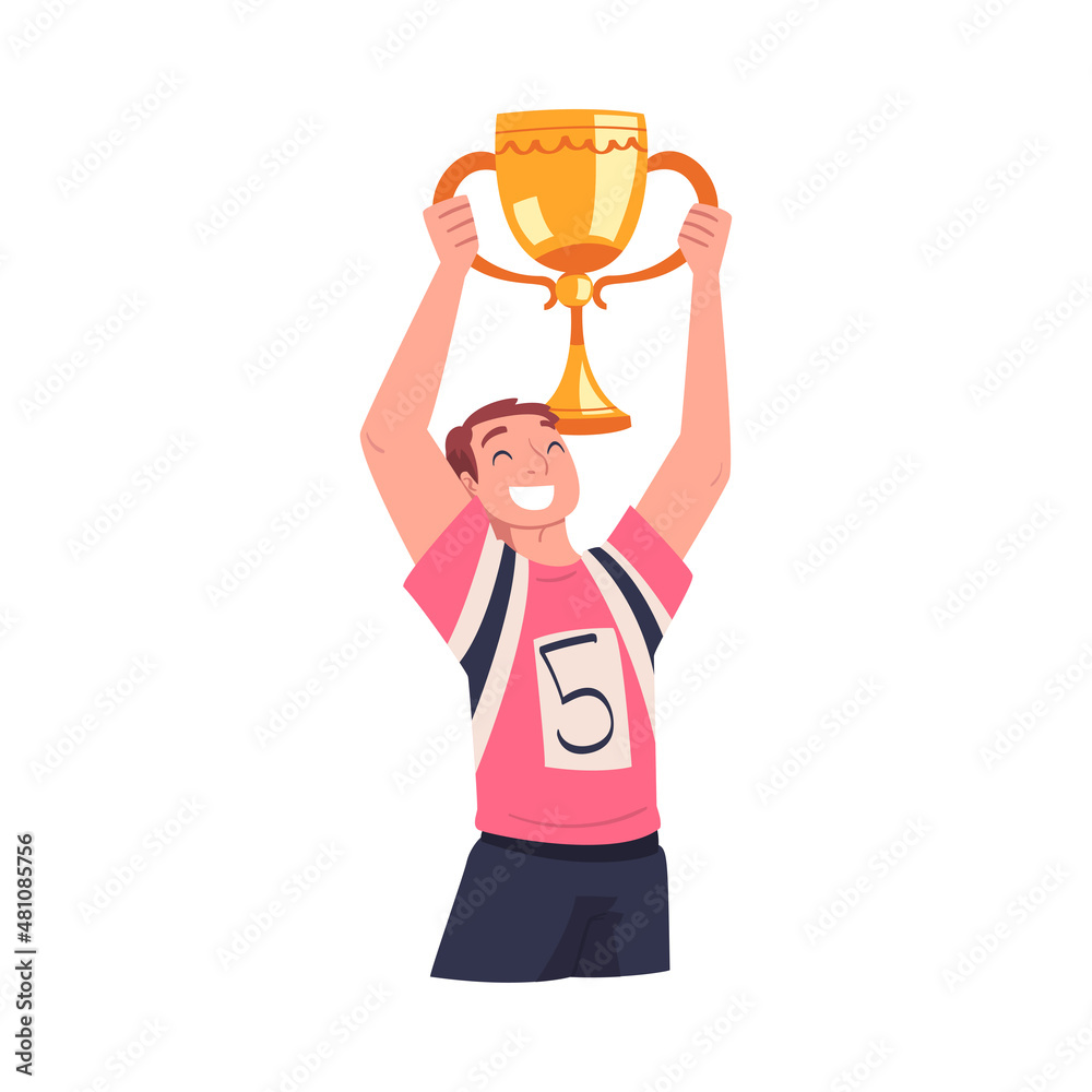 Man Winner Holding Golden Cup as Trophy and Award Vector Illustration