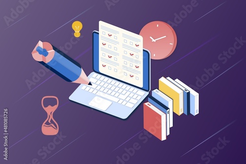 Online exam in mobile smartphone app. Online test, opinion checklist, online education, questionnaire form, survey metaphor, answering internet quiz, homework assignment. Computer test and examination