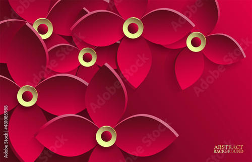 Abstract red background with volumetric flowers. Vector illustration. Banner or cover design.