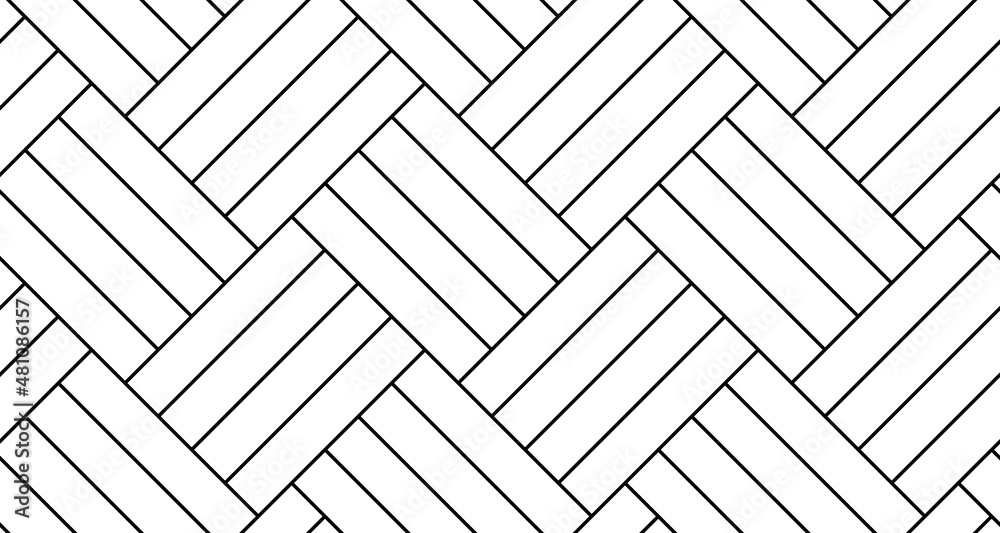 Gordijnen Wit Witte viervoudige visgraat parketvloer naadloos patroon met diagonale panelen. Vector houten of bakstenen muur textuur. Moderne interieur achtergrond. Overzicht zwart-wit behang. #481086157