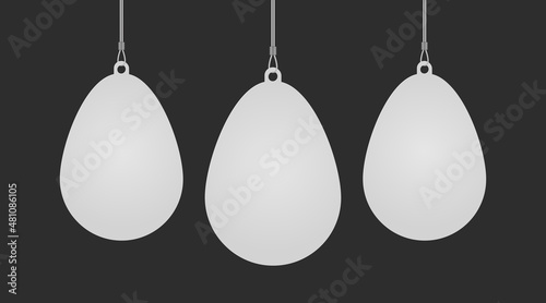 Ellipse egg shaped dangler hanging from ceiling realistic mockup set. Mock up of advertising promotion pointer for supermarket sale announcement on dark background. Mall store vector illustration