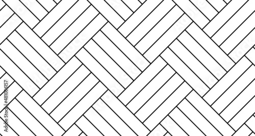 White quadruple herringbone parquet floor seamless pattern with diagonal panels. Vector wooden or brick wall texture. Modern interior background. Outline monochrome wallpaper.