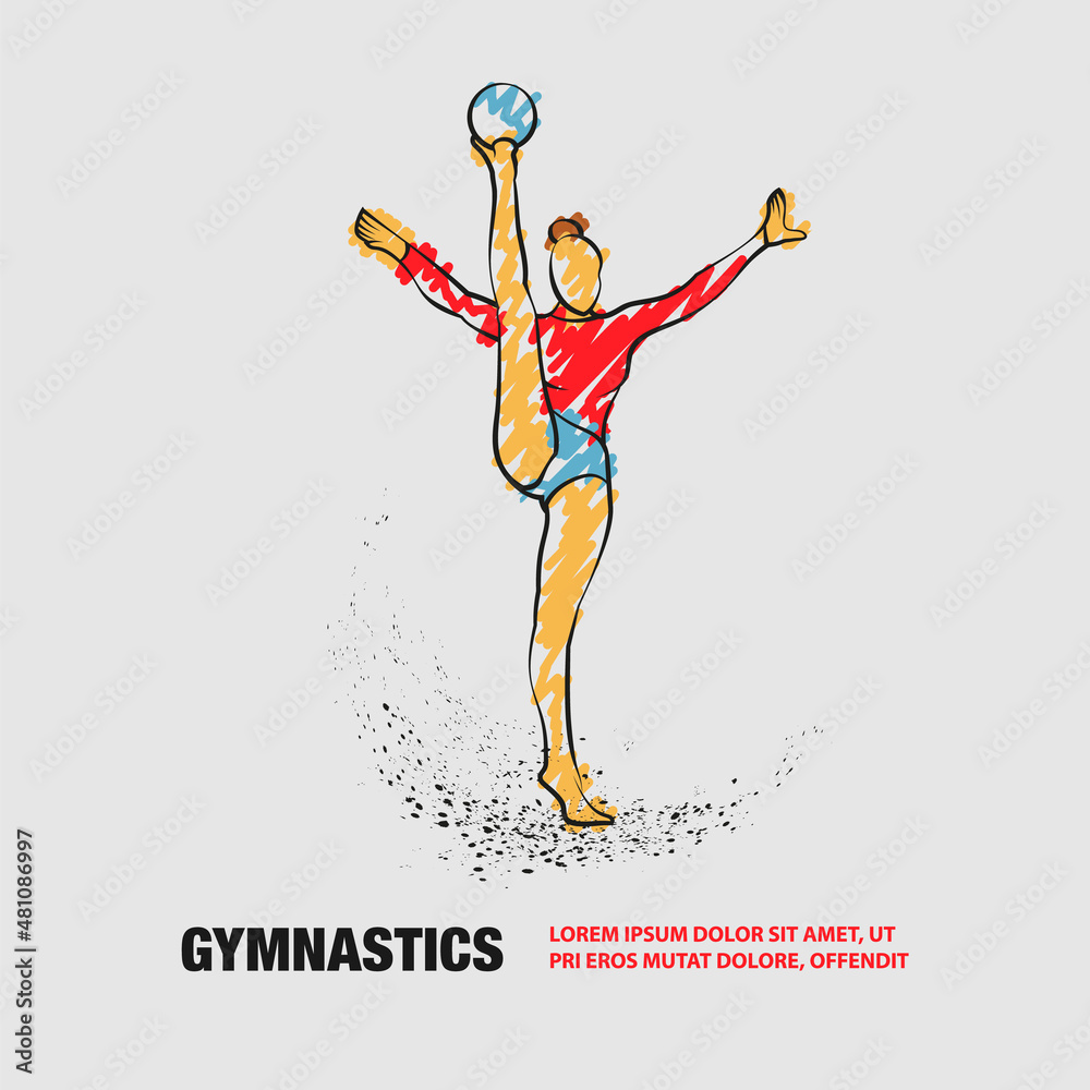 Professional woman rhythmic gymnastics athlete performing with ball. Vector outline ofrhythmic gymnastics athlete with scribble doodles style drawing.