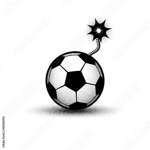 Soccer ball bomb with a burning fuse. Black vector football bomb logo idea with noise texture.