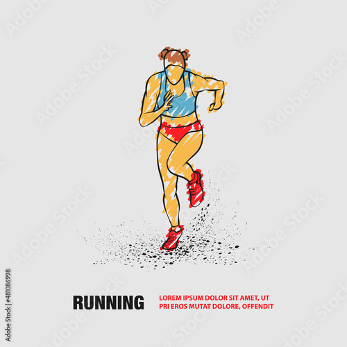 Woman runs, front view. Vector outline of running girl with scribble doodles style drawing.