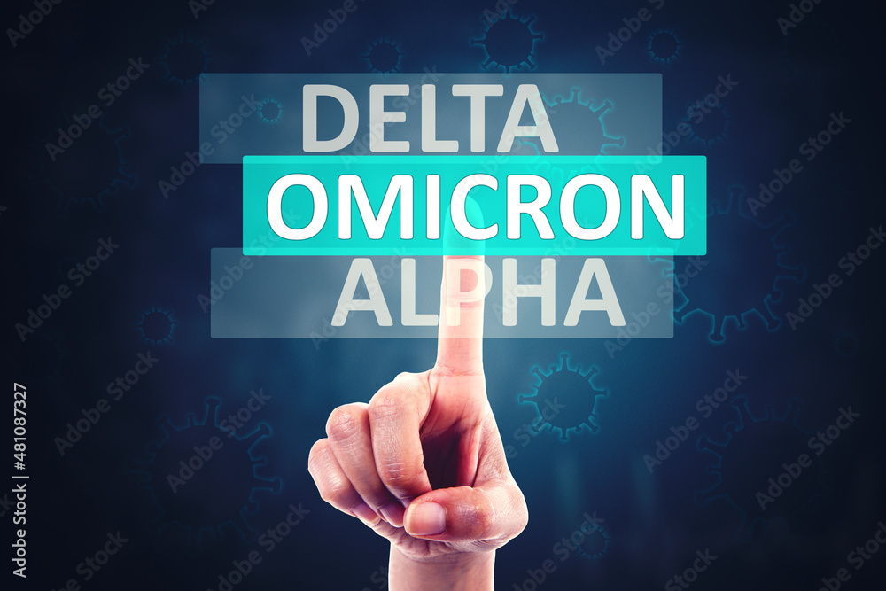 Hand touching omicron word on the virtual screen Hand touching omicron word on the virtual screen
