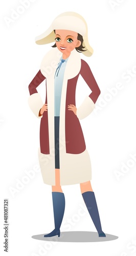 Little girl in winter clothes. Sheepskin coat and warm hat. Teen in winter. Cheerful person. Standing pose. Cartoon comic style flat design. Single character. Illustration isolated background. Vector