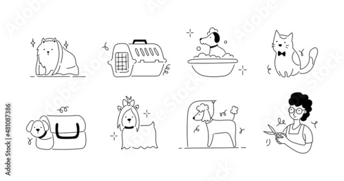Pet grooming salon icon set. Cute dog beauty grooming salon, wash, care hair of pet. Doodle line style animal and character. Vector illustration.