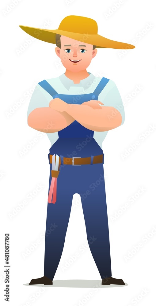 Little boy villager farmer in overalls. Teen is an agricultural worker. Cheerful person Standing pose. Cartoon comic style design. Single character. Illustration isolated on white background. Vector