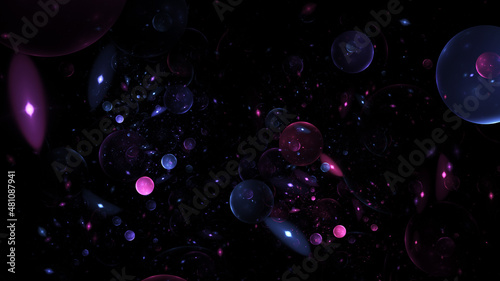 Abstract holiday background with blue and purple drops. Fantastic light effect. Digital fractal art. 3d rendering.