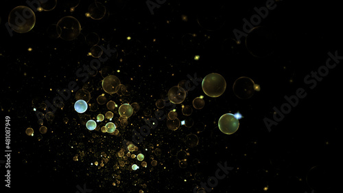 Abstract holiday background with golden stars and drops. Fantastic light effect. Digital fractal art. 3d rendering.