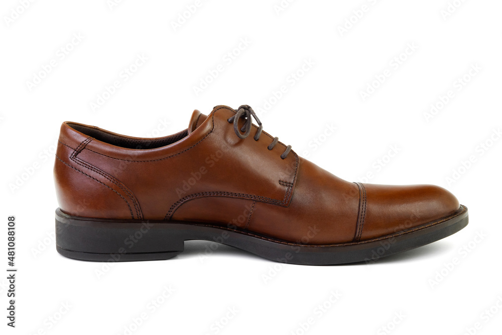 Single unbranded brown genuine leather men’s shoe isolated on white background, side view. Fashion and shopping concept