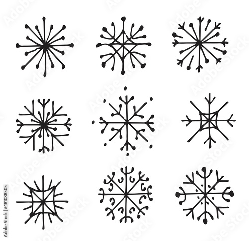 Snow snowflakes. Set of winter objects. Cold winter. Outline sketch. Hand drawing is isolated on a white background. Vector