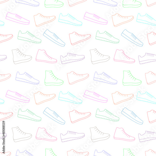 Colored bright sneakers shoes vector background seamless repeating pattern. Men and women sport footwear. Thin line style. Editable template.