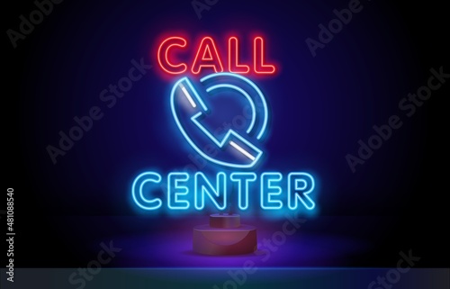 Call Center Neon Signs Style Text. Call Center Design template neon sign, light banner, neon signboard, nightly bright advertising, light inscription. Vector illustration