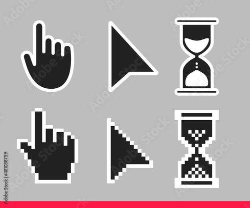 Pointer hand, arrow and hourglass loading clock mouse cursors icon sign graphic element flat style design vector illustration set. Simplistic pictogram indicator sign, endless time process idea.