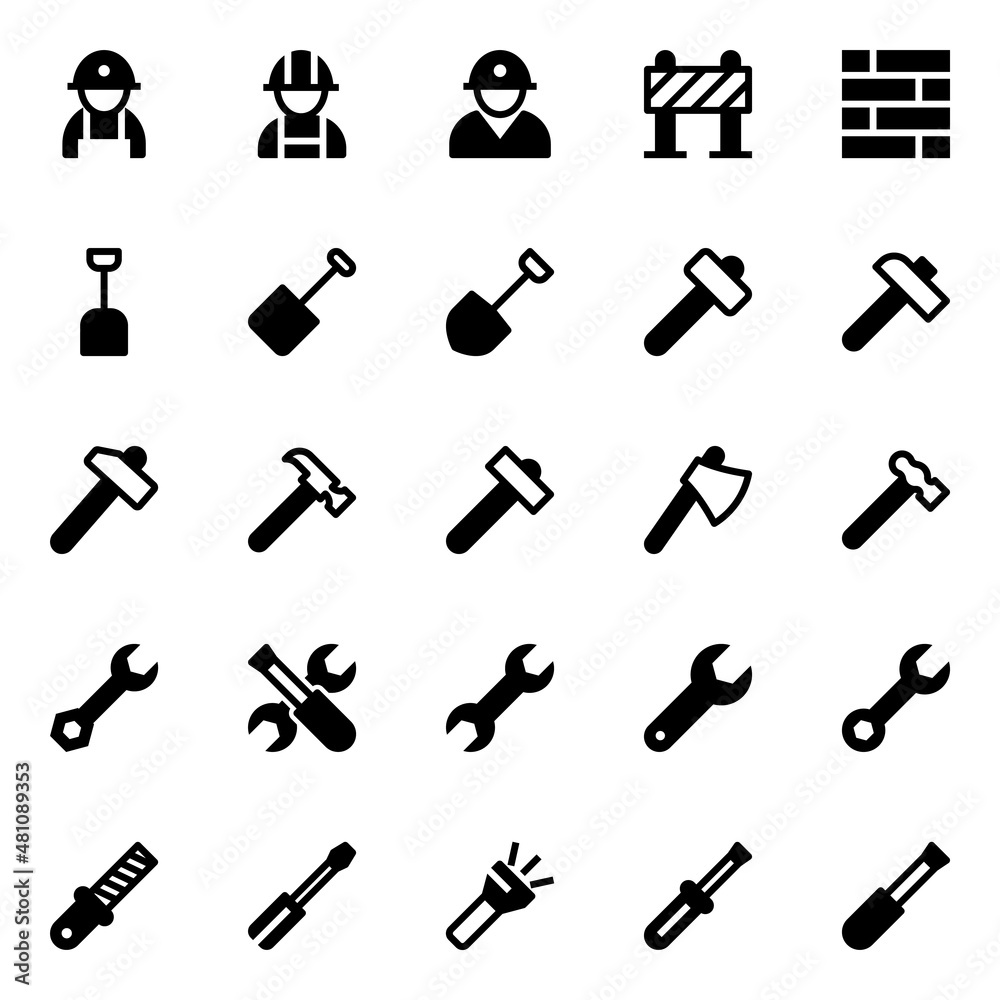 Glyph icons for tools and construction. Glyph icons for tools and construction.