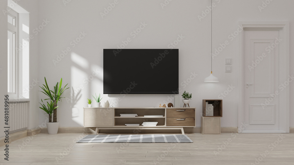 Interior mock up living room with armchair ,TV on cabinet in modern living room with lamp,table,flower and plant on wooden wall background,3d rendering