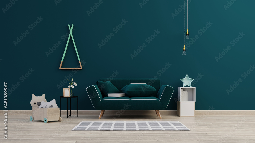 Fototapeta premium Interior mock up living room with armchair ,TV on cabinet in modern living room with lamp,table,flower and plant on wooden wall background,3d rendering
