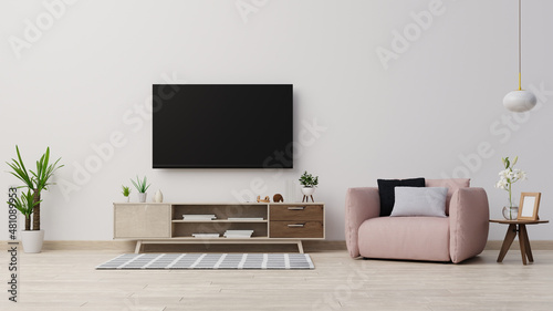 Interior mock up living room with armchair on empty white wall background,3D rendering © pramote