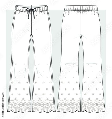 Flared woven pants with lace on bottom. Technical sketch. Vector illustration.