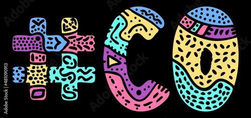 CO Hashtag. Multicolored bright isolate curves doodle letters. Hashtag  CO is abbreviation for the US American state Colorado for social network  web resources  mobile apps.