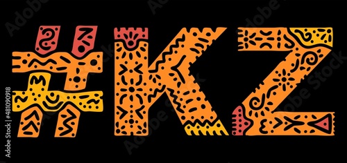 KZ Hashtag. Isolated text with national ethnic ornament. Patterned Hashtag #KZ is abbreviation for the Kazakhstan for print, clothing, t-shirt, poster, banner, flyer. Stock vector picture.