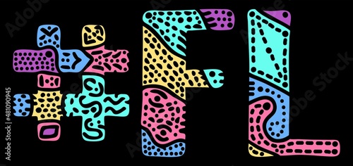 FL Hashtag. Multicolored bright isolate curves doodle letters. Hashtag #FL is abbreviation for the US American state Florida for social network, web resources, mobile apps.