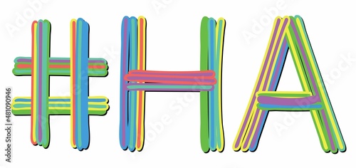 HA Hashtag. Multicolored bright isolate curves doodle letters. Hashtag #HA is abbreviation for the USA state Hawaii for social network, web resources, mobile apps.