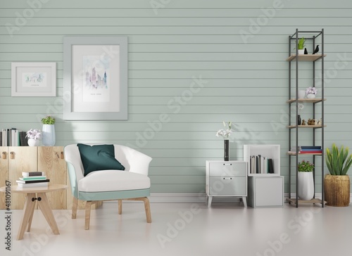 Mock up poster frame in modern interior background, living room, Scandinavian style, 3D render © pramote