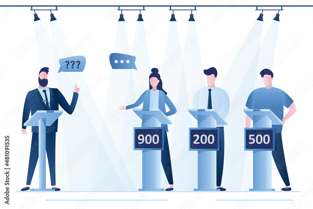 Quiz game. Players and presenter in tv studio. Interior with furniture