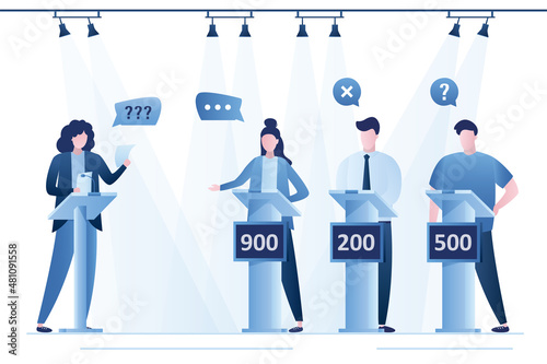 Quiz game. Group of players and woman presenter in tv studio. Interior with furniture. People answer questions. Place for filming TV program. Racks with numbers on podium.