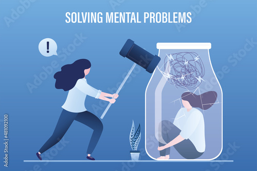 Stress burden, mental problem. Psychotherapist helps client with psychological problems. Confident woman doctor smashes glass jar with hammer. Unhappy girl sitting in jar.