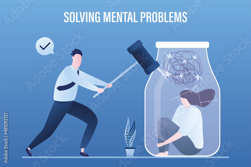 Stress burden, mental problem. Psychotherapist helps female client with psychological problems. Confident male doctor smashes glass jar with hammer. Unhappy girl sitting in jar.