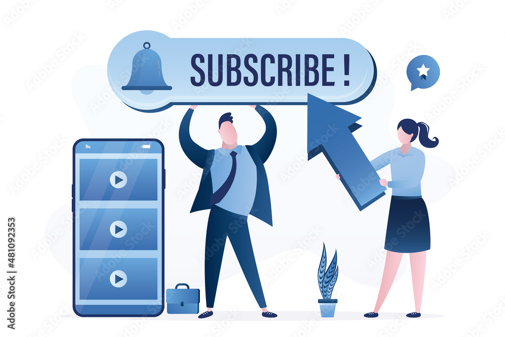 Subscribe now, concept. Mobile phone with video content. Blogger or businessman holds big button with ring bell. User uses big arrow and click on button. Promotion campaign Subscribe now, concept. Mobile phone with video content. Blogger or businessman holds big button with ring bell. User uses big arrow and click on button. Promotion campaign