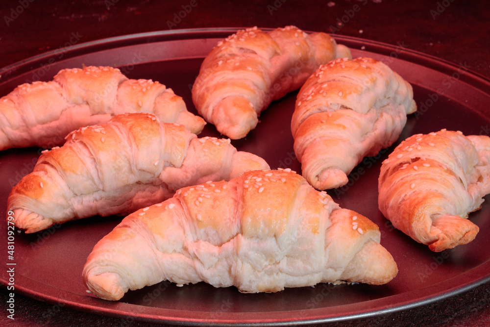 Close-up view of homemade croissants in a oven. Selective focus.