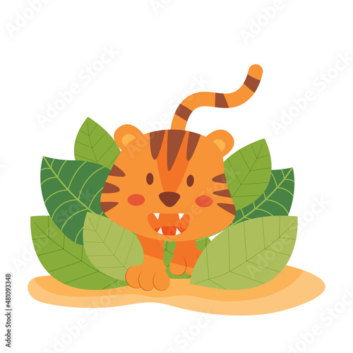 Angry tiger in the grass, vector illustration isolated on white background