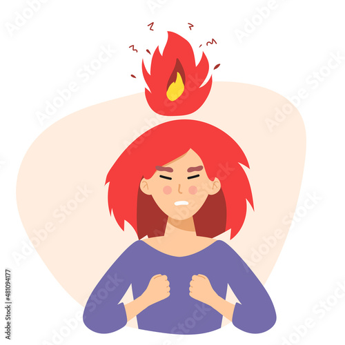 Angry woman. Head Vector illustration of anger, fury, annoyance. Anger, stressed Burnout, stress, emotional problem abstract concept. Burning brain. flame. flat character Depressed or mental illness.