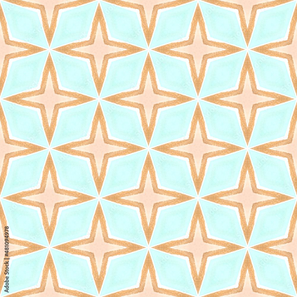 Seamless pattern with golden stars and turquoise background geometric pattern, traditional textile design Seamless pattern with golden stars and turquoise background geometric pattern, traditional textile design