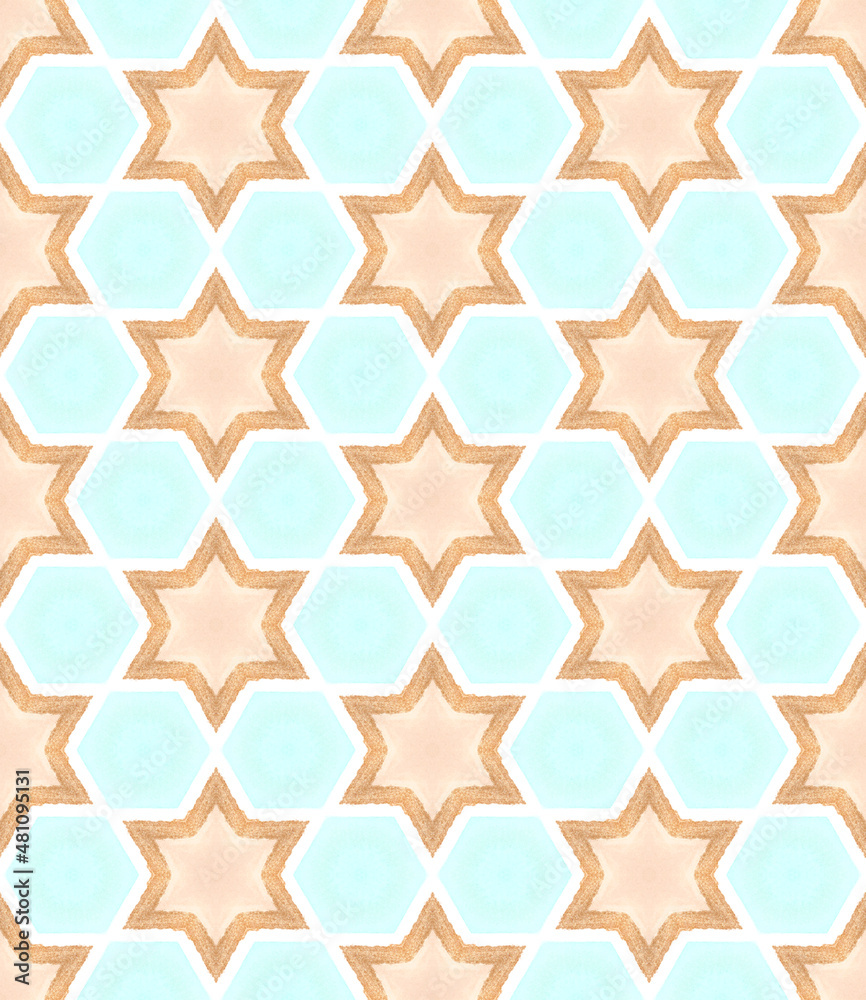 Seamless pattern with golden stars and turquoise background geometric pattern, traditional textile design Seamless pattern with golden stars and turquoise background geometric pattern, traditional textile design