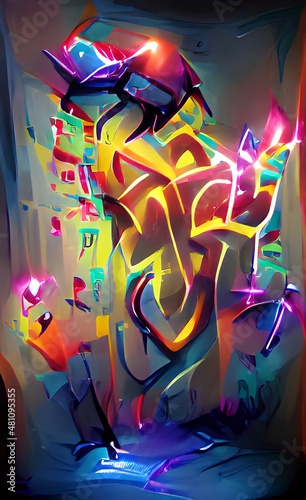 Street graffiti, abstract words on the wall. Graffiti drawing with bright colors, paint. Illustration photo