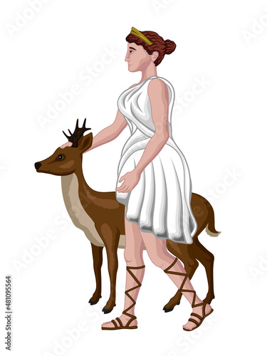 Vector illustration of the Greek goddess Artemis with a deer
