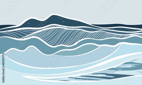 Sea Landscape Abstract Background in Trendy Line Art Style. Banner with Line Art Ocean Composition, Ideal for Wall Art Print, Modern Poster, Minimal Interior Design, Social Media. Vector EPS 10